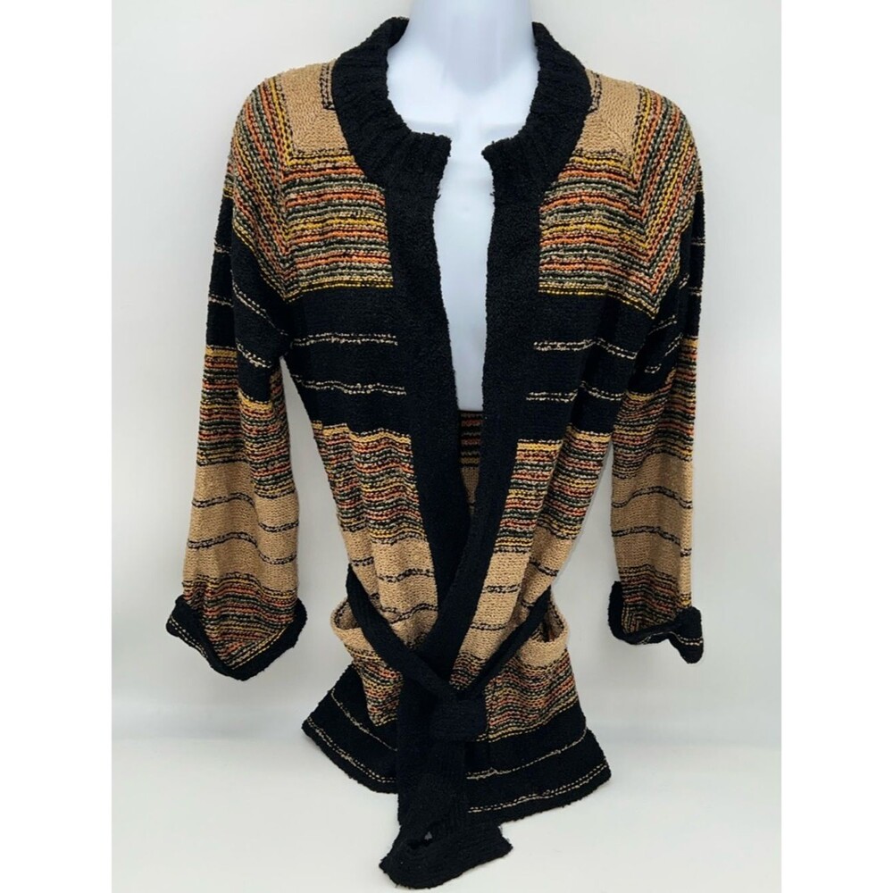Black and Camel Striped Open-Front Belted Cardigan Sweater